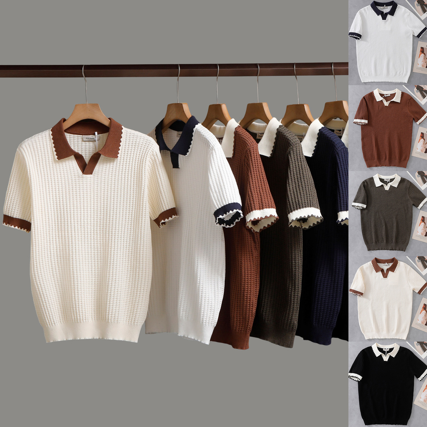 Polo camiseta de punto camiseta de manga corta hombre gaviota cuello V textural color antiguo viento camiseta de verano fábrica transfronteriza al por mayor