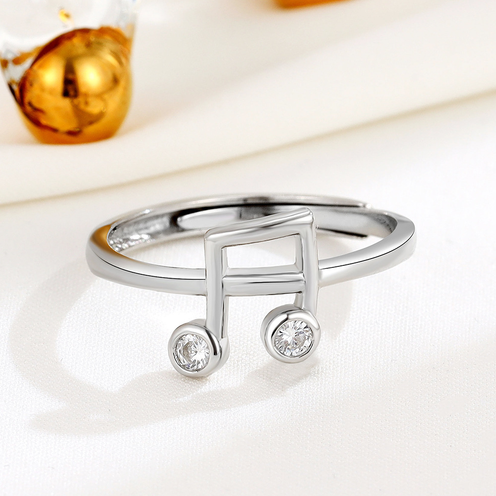 Temperament Niche Style Jewelry S925 Sterling Silver Small Diamond Musical Note Open Ring Korean Personality Symbol Ring Female