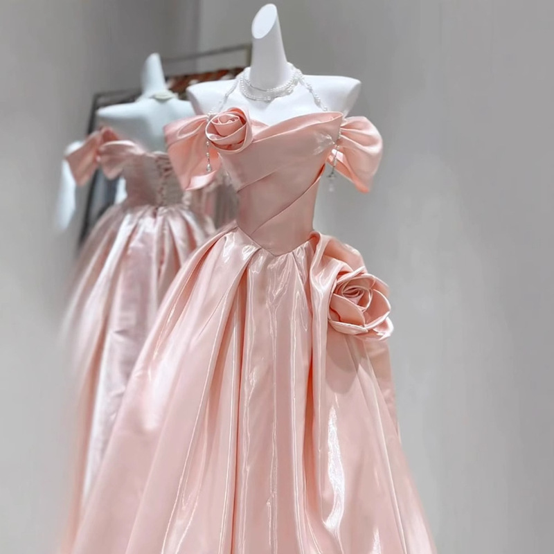 Temperament Evening Dress off-shoulder Rose Flower Stereo Flower Adult Birthday Banquet Princess Dress Students Vocal Art Test