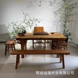 新中式老榆木门板茶桌吧台原木餐厅餐桌椅饭店实木大板桌子长条凳
