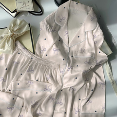 法式浪漫ins风蝴蝶结爱心轻奢冰丝睡衣女长袖长裤家居服套装批发