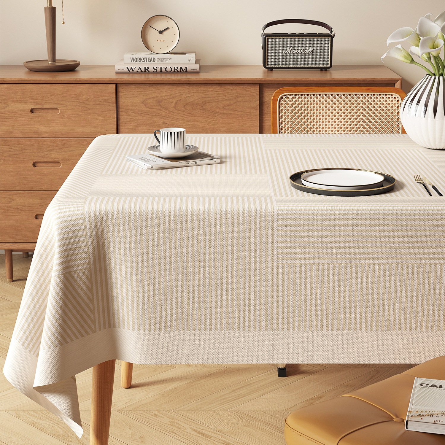 Waterproof and Oil-Proof Tablecloth, No-Wash, Wabi-Sabi Style, Light Luxury, High-End Ambiance, Vintage Style Tablecloth, Rectangular Table Mat