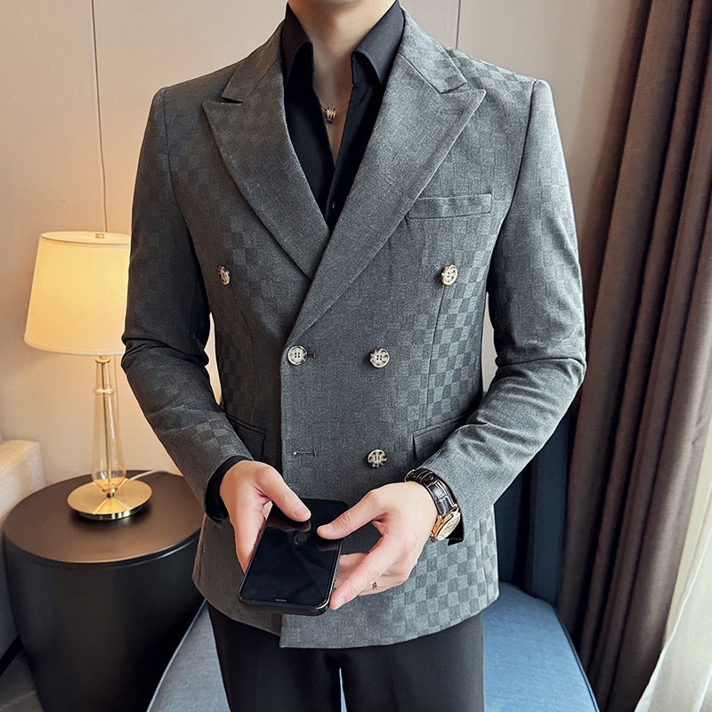 Spring New Fashion Trend Invisible Plaid Double-Breasted Suit 4 Black Navy Blue Dark Gray Medium Gray
