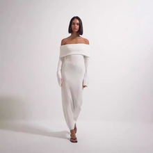 欧美秋冬跨境亚马逊针织收腰修身一字领叠褶中长款毛衣包臀连衣裙