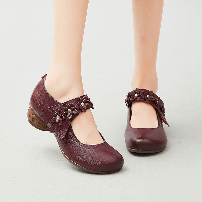 Concubines Genuine Leather Chinese-style Floral Thick-heeled Velcro Soft Face All-match Ethnic-style Comfortable Roman Small Single-layer Shoes