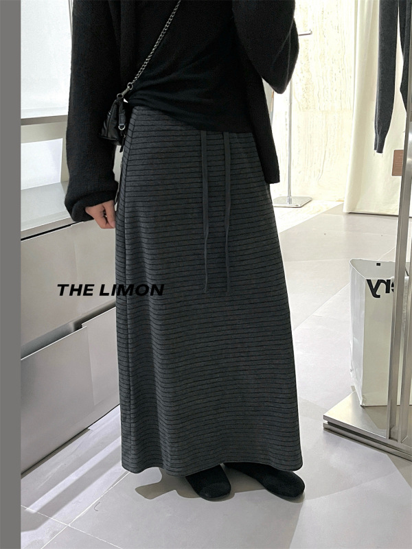 the limon柠檬绿茶2025秋季新款高腰显瘦条纹半身裙女中长款裙子|undefined