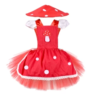 跨境新品女童蘑菇连衣裙万圣节生日派对扮演红色礼服 蘑菇帽套装