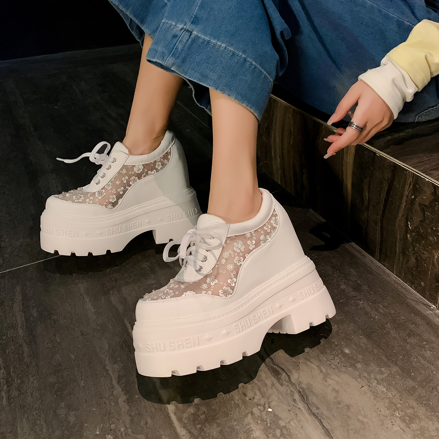 Giày sneaker nữ đế dày lưới thoáng khí, phối dây buộc phong cách loafer đế xuồng — Trắng 12cm, Trắng 15cm, Đen 12cm, Đen 15cm