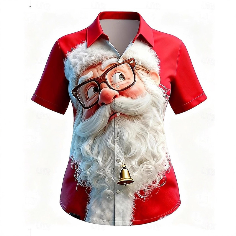 European and American Women's Tops 2025 New Santa Claus Pure Color Lapel Loose Casual Short-Sleeved Shirt