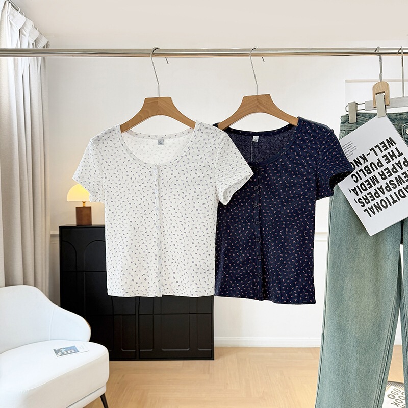 2026 Spring and Summer New Women's Clothing Waffle Single-Breasted Versatile Comfortable Printed Short T-Shirt Short Sleeves 483521