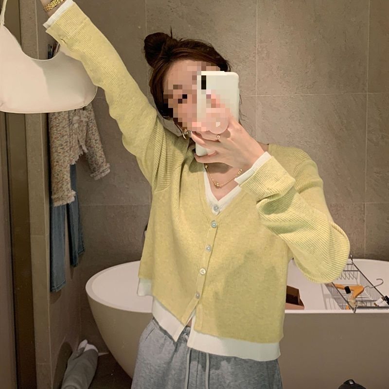小柄な人向けの快適なフェイクツーピース、配色スウェット、カーディガン、春夏ゆったり、万能薄手ショートニット、レディーストップス|undefined