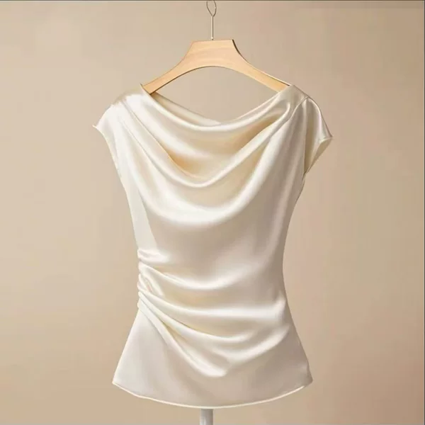 White Short-Sleeve T-Shirt for Women, Loose Fit, Faux Acetate Satin Top, Versatile Wholesale Red Shirt with an Elegant and Graceful Look