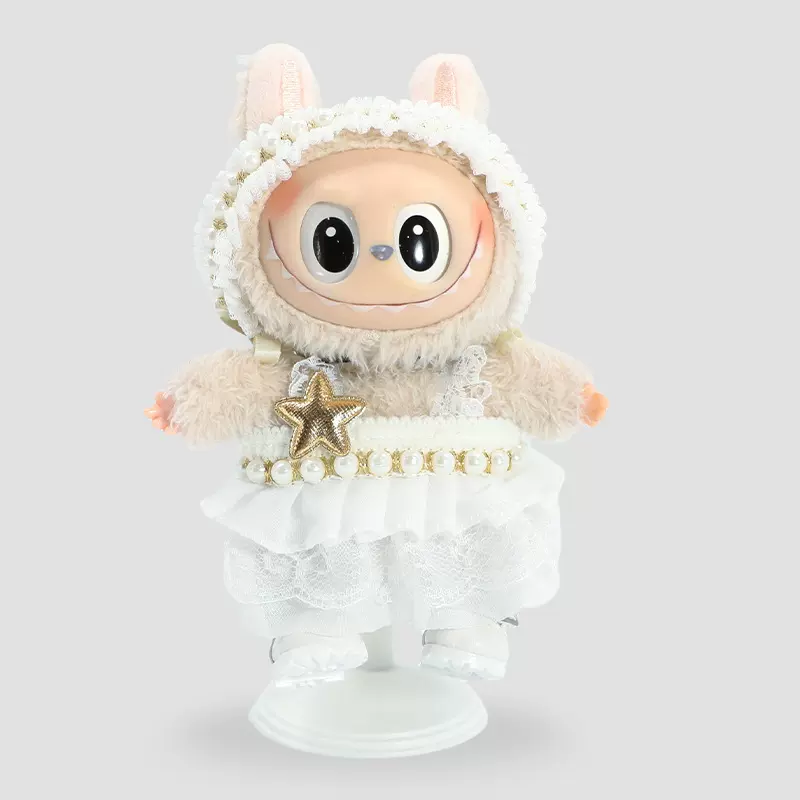 拉布布甜美发带连衣裙套装毛绒公仔背带裙衣服labubu玩偶15cm娃衣