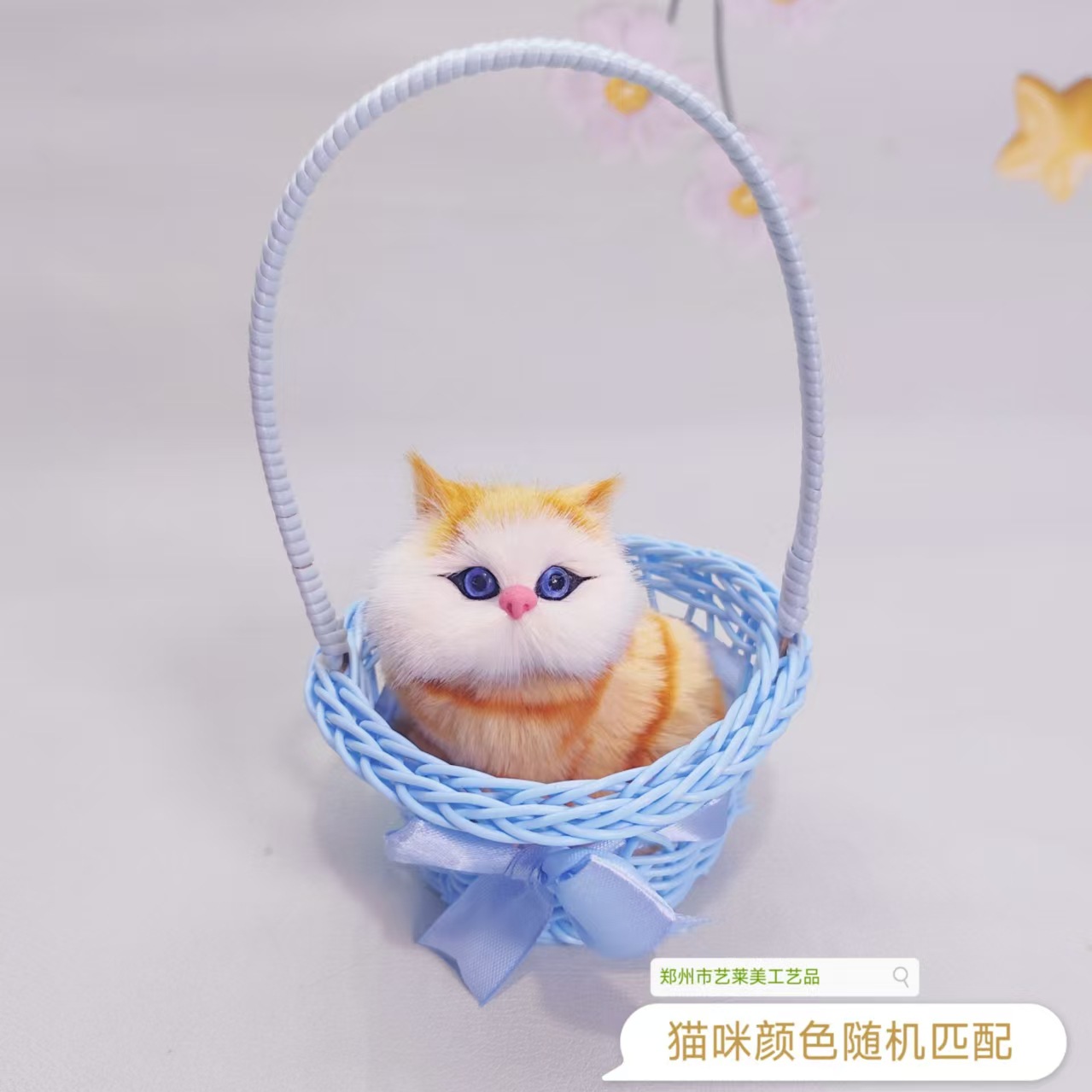 파란색 바구니 고양이가 울어요.