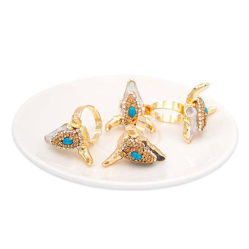 Inlay Design Exaggerated Bull Head Alloy Inlay Turquoise Rhinestones Unisex Open Ring