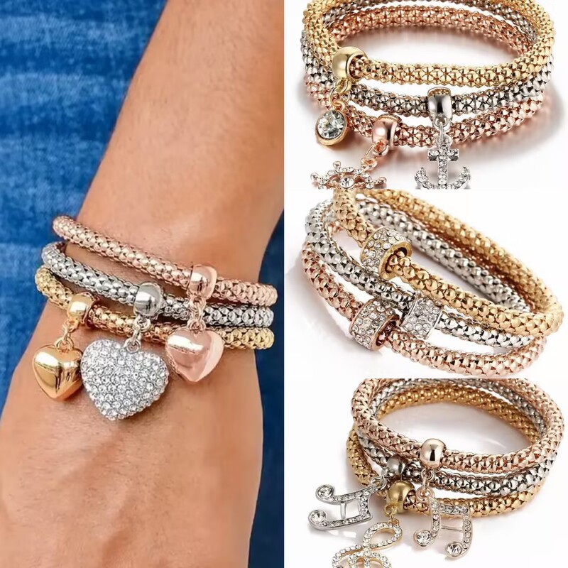 European and American Cross-Border Hot-Selling Alloy Three-Color Elastic Set with Circle, Heart, and Musical Note Pendants, Corn Chain Bracelet, in Stock for Immediate Shipment