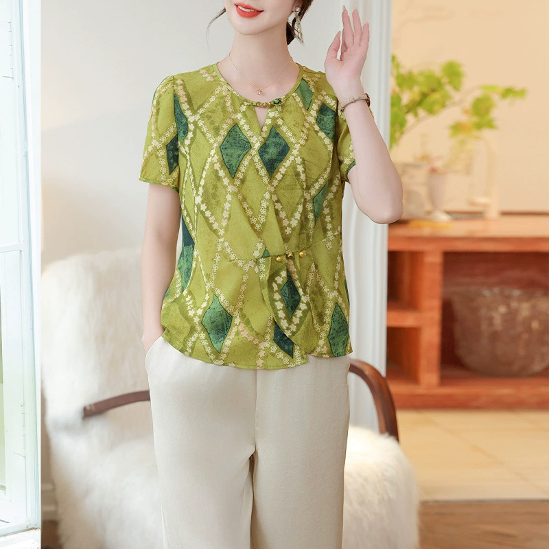 Одежда для мам в китайском стиле, клетчатая рубашка с короткими рукавами в западном стиле, модный топ из ледяного шелка для женщин среднего и пожилого возраста, свободная футболка