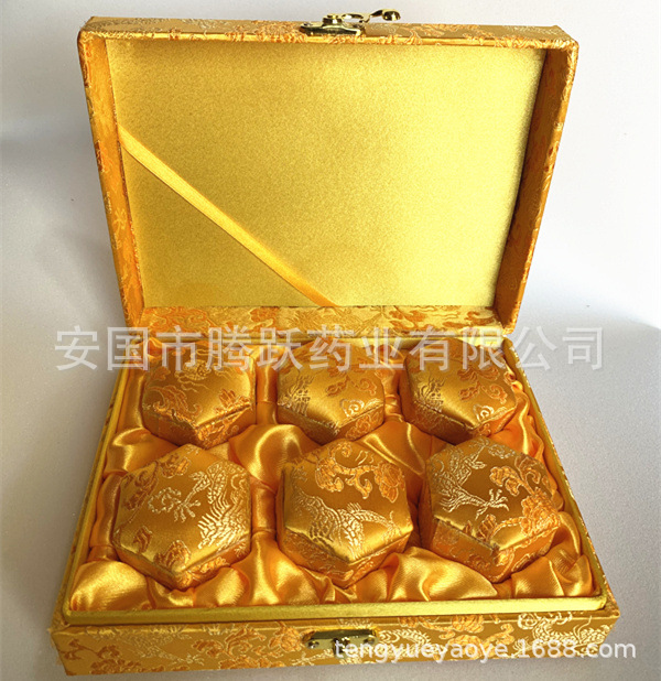 Hexagonal Brocade Gift Box Red Silk Finish for Honey Pills Wax Pills and Jewelry Storage overview