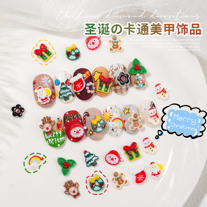 2025 Christmas Nail Art Accessories New Christmas Style Hand-Painted Nail Designs Santa Claus Snowman Resin