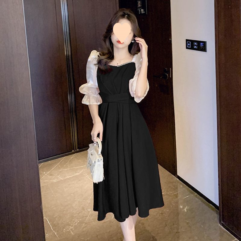 甜美法式红色连衣裙女五分袖2025春秋新款收腰显瘦中长裙字裙子|undefined