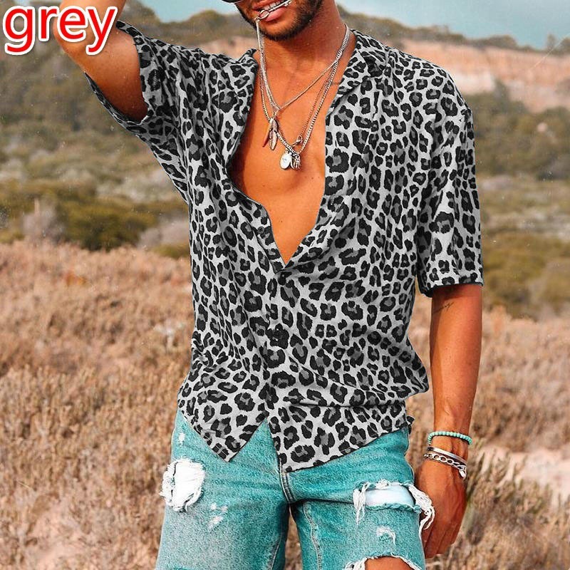 Camisa de manga corta con estampado de leopardo de moda para hombres de estilo europeo y americano 2023 Verano nueva camisa casual Top moda de comercio exterior transfronterizo