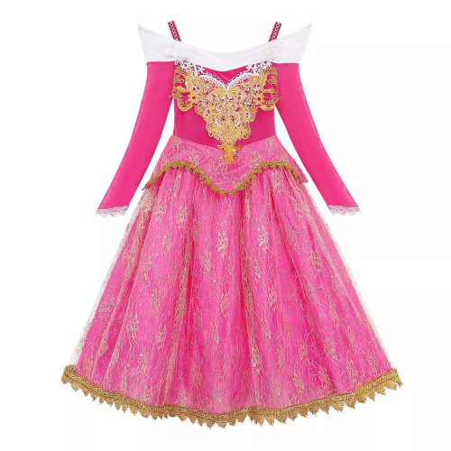 Princess Sleeping Beauty Aria Princess Dress, Long-Sleeve Girl Christmas Formal Dress, Pink Red Dress for 3-8 Years Old