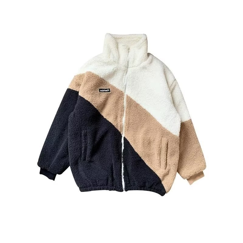 Abrigo de lana de cordero para hombre Otoño e Invierno estilo de Hong Kong ins moda todo partido volantes sueltos hermoso contraste color collar casual abrigo de algodón acolchado