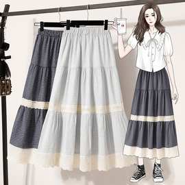 大码2025春夏胖妹妹时尚高腰显瘦花边A字中长裙