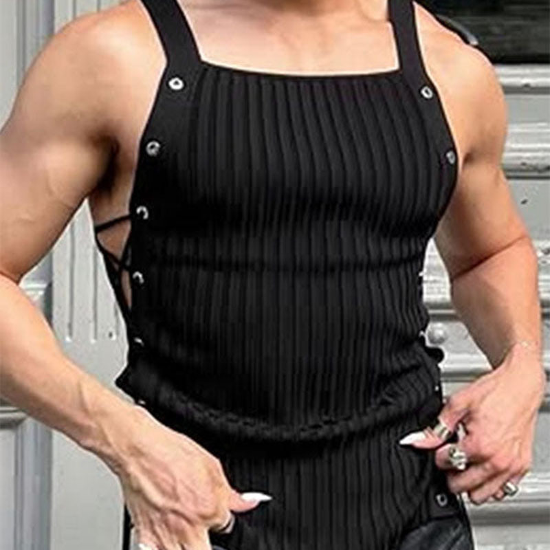 In-Stock Cross-Border European and American Men's Spring and Summer New Style Tie-Up Design Tank Top, Sexy Hollow Breathable Camisole Slim-Fit Vest