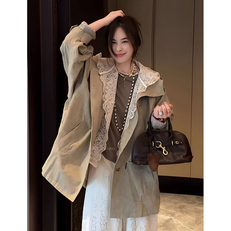 春秋款欧货拼接蕾丝韩版设计百搭宽松风衣大码显瘦遮肉中长款外套|undefined