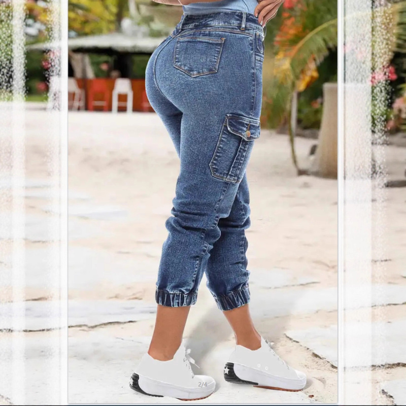 跨境Womenjeans美式破洞弹力紧身橡筋脚口多口袋工装裤修身牛仔裤|undefined