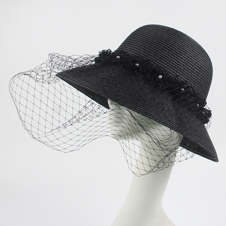 Fashion Pearl Net Yarn Sunshade Straw Fisherman Hat display picture 5