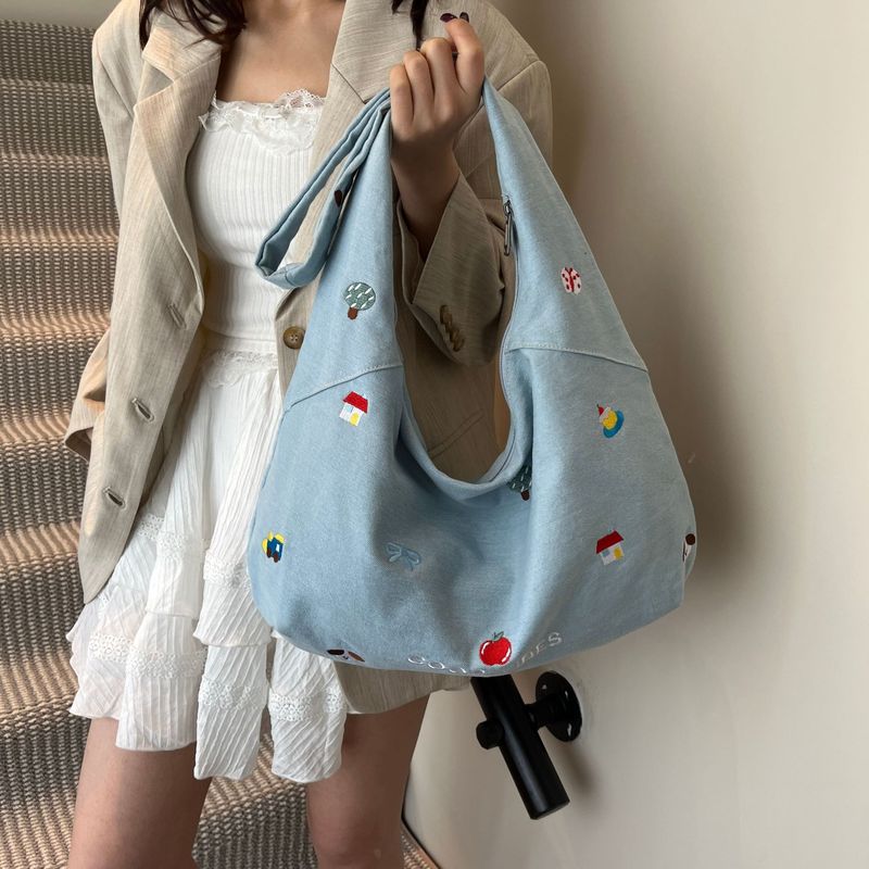 新款休闲斜跨牛仔包包女大容量上课帆布包文艺通勤拉链包托特包潮|undefined