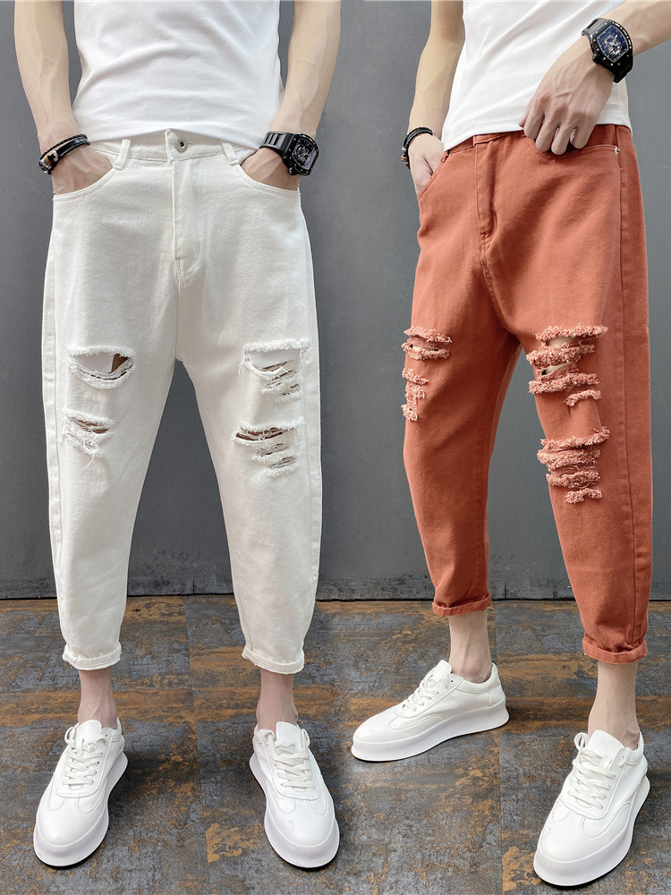 2021 New Men's Big Hole And Small Feet Jeans Korean Version Trend Cropped Pants Slim Couple Feet Harem Pants