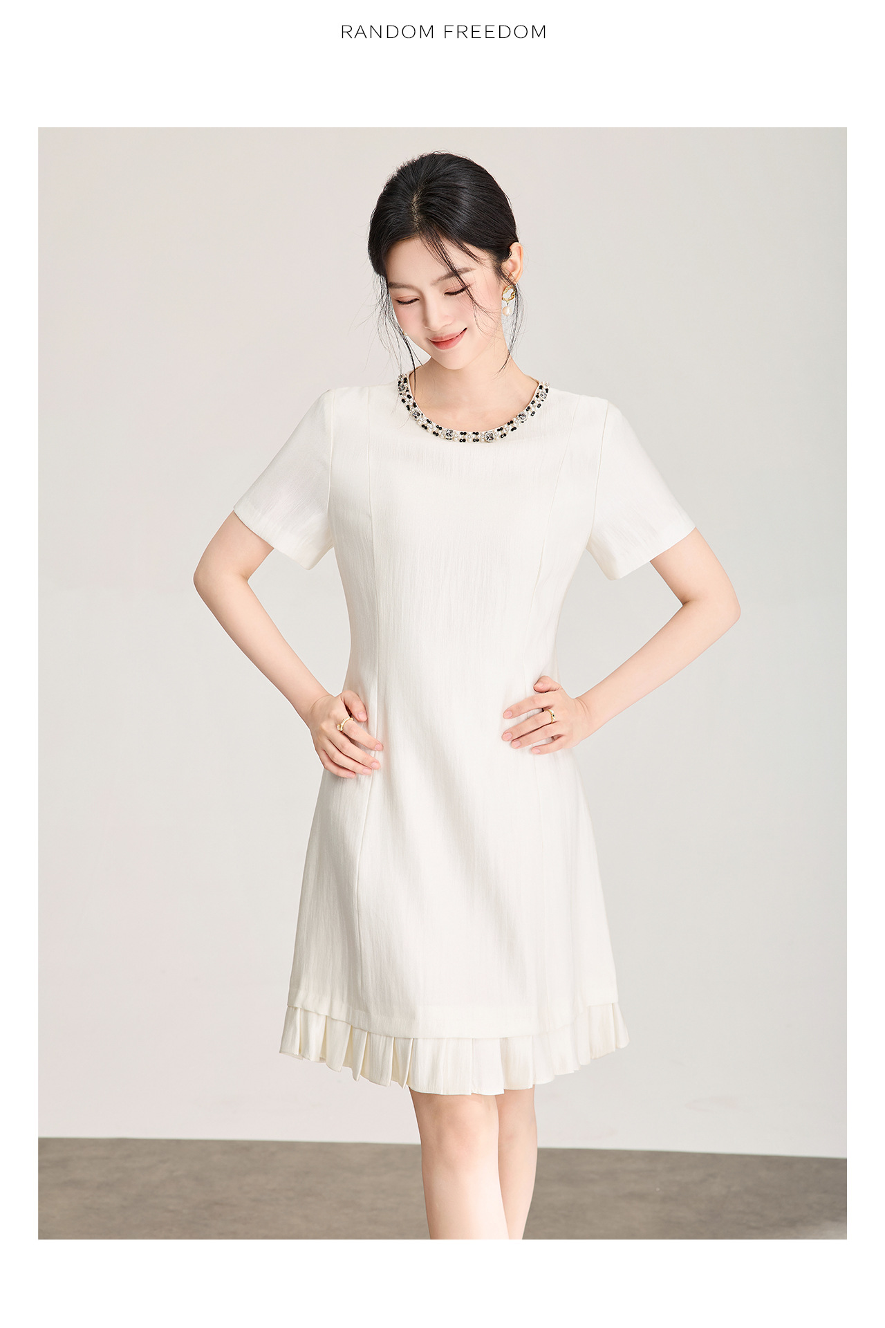 Váy suông nữ midi cổ tròn đính ngọc trai, tay ngắn, form suông che khuyết điểm — màu đen chi tiết 15