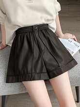 现货PU皮短裤女冬新款2025新款外穿松紧腰皮裤宽松高腰阔腿裤靴裤