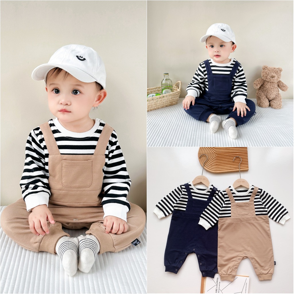 Infant jumpsuit 2024 spring Korean version fake two-piece romper for male and female babies going out splicing jumpsuit trend