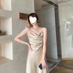 荡领醋酸缎面吊带连衣裙轻奢感2025新款显瘦收腰气质长裙直销厂家