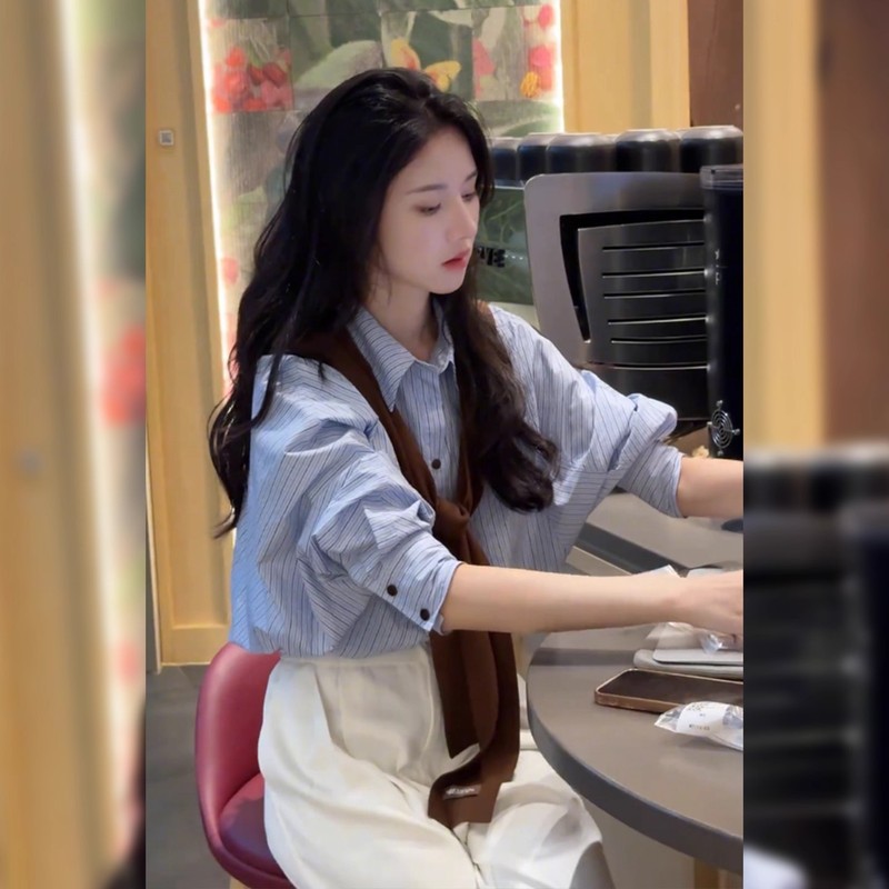 韩系轻熟通勤风时尚套装女装2025早秋新款高级感条纹衬衣百搭上衣|undefined