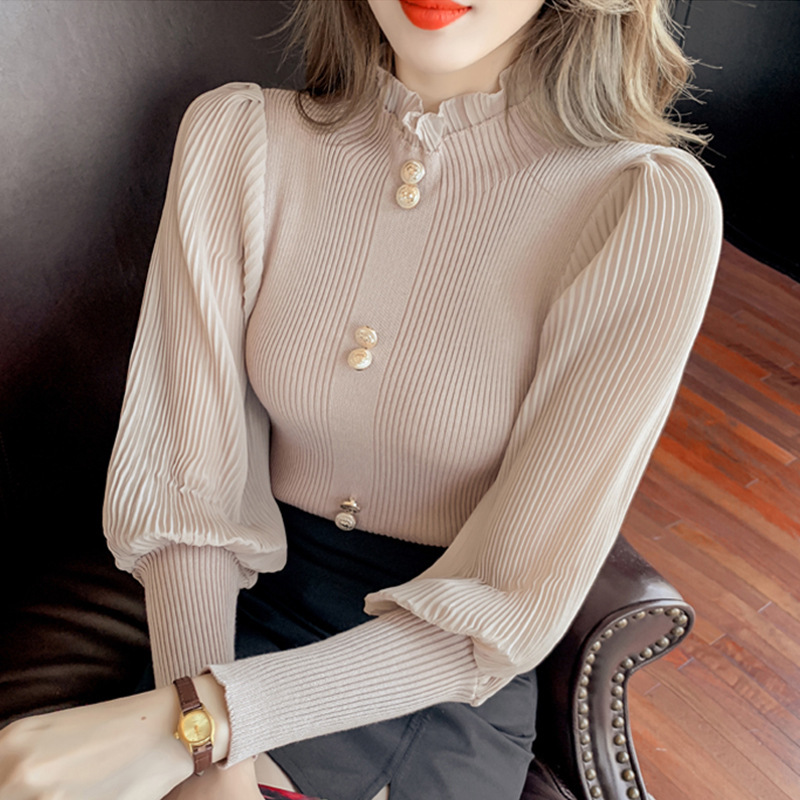 Spot half turtleneck sweater long sleeve chiffon stitching lantern sleeve sweater fashion lace Western style inner top women Spot half turtleneck sweater long sleeve chiffon stitching lantern sleeve sweater fashion lace Western style inner top women