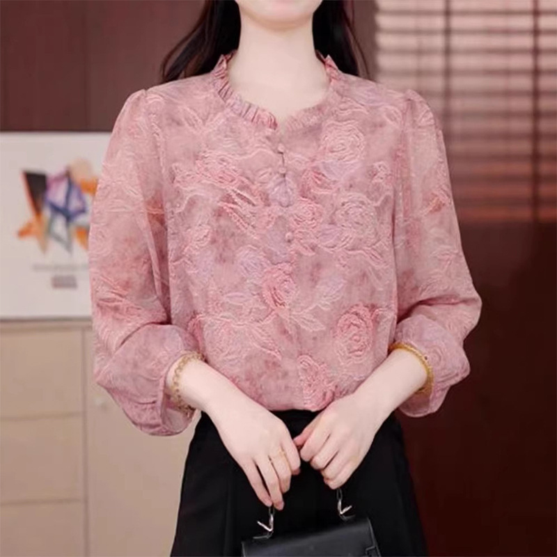 New Chinese-Style Embroidered Ruffle Lace Chiffon Shirt for Women, 2026 Summer New Model, Semi-Transparent Mesh Sleeve Top New Chinese-Style Embroidered Ruffle Lace Chiffon Shirt for Women, 2026 Summer New Model, Semi-Transparent Mesh Sleeve Top