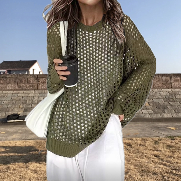 Blusa de Punto Calada para Mujer en Acrílico, UPF50+, Corte Holgado, Manga Larga, para Playa image 5