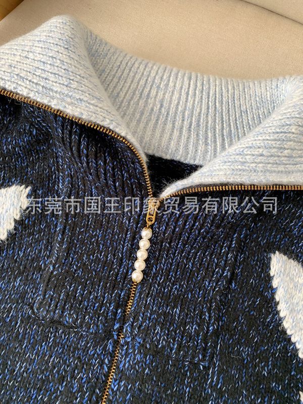 国王印象秋冬新款提花拉链翻领时髦通勤百搭针织开衫外套男女同款|undefined