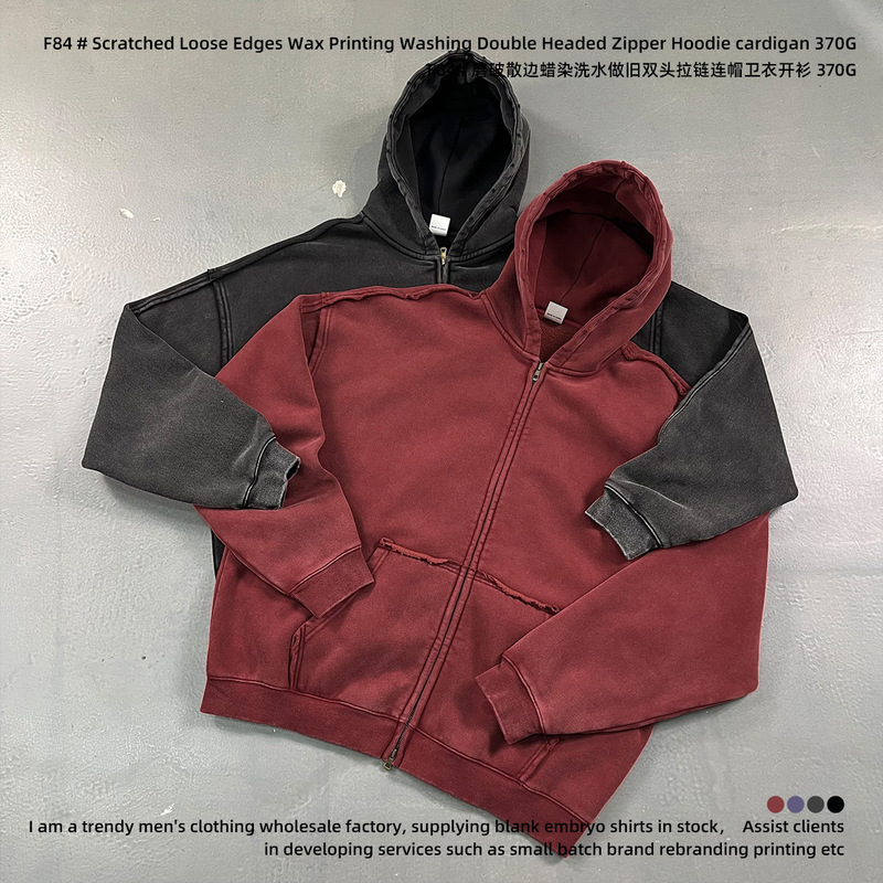 2026 High Street American Retro Wax-Dyed Vintage High-Quality 370g Fleece-Lined Autumn/Winter Zip-Up Hooded Men's Sweatshirt Cotton