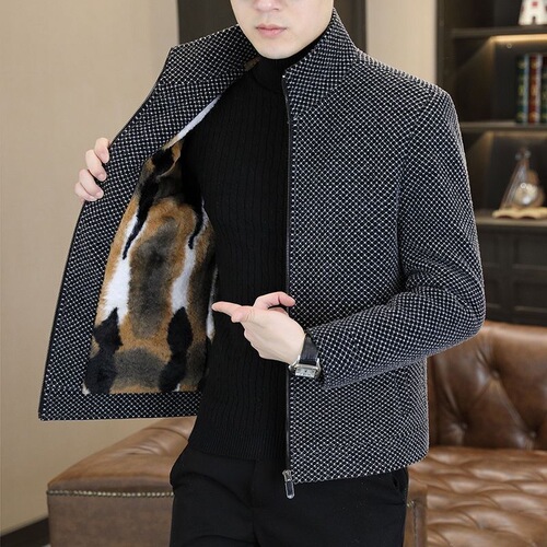 Short Stand Collar Wool Knit Coat for Men, Autumn/Winter Casual Thick Warm Felt Jacket, New Men's Jacket