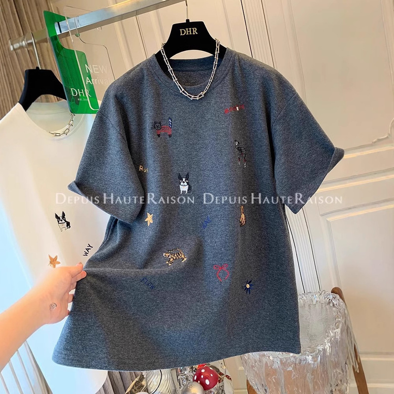 American Style German Velvet Cartoon Embroidered Short-sleeved T-shirt Women's Autumn and Winter New Niche Design Scrub Thickened Base Top