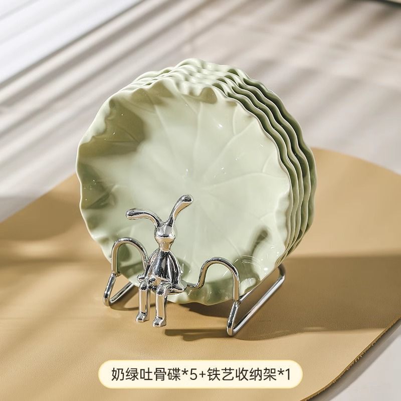 荷叶陶瓷吐骨碟轻奢小吃盘甜品盘干果盘高颜值小碟子带收纳架套装|undefined