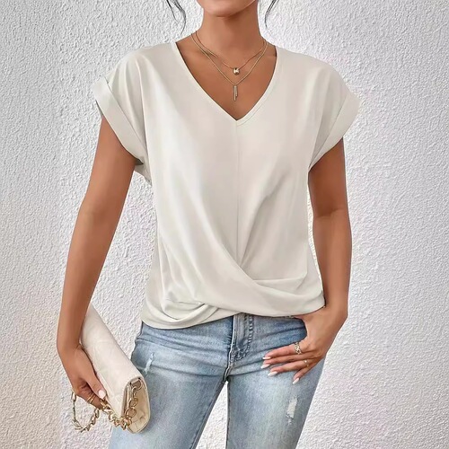 2025 solid color V-neck T-shirt elegant short-sleeved top spring and summer women's clothing