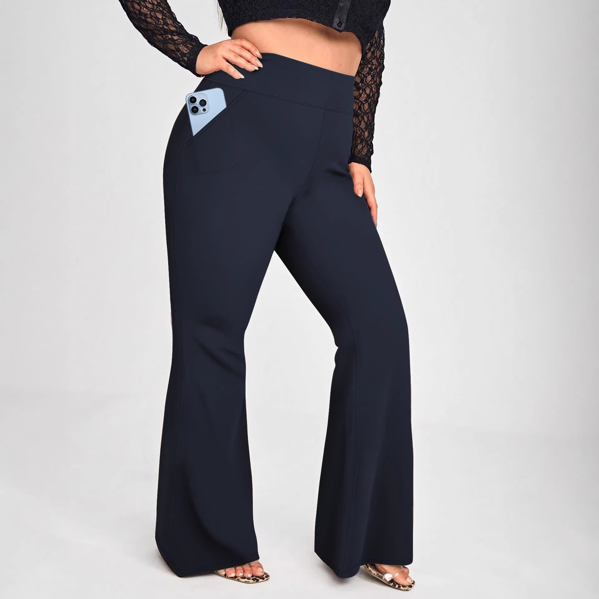 Cross-Border European and American Plus-Size Women's V-Waist Casual Pants, High-Waisted Butt-Lifting Flared Pants, Drapey Wide-Leg Long Pants, Versatile