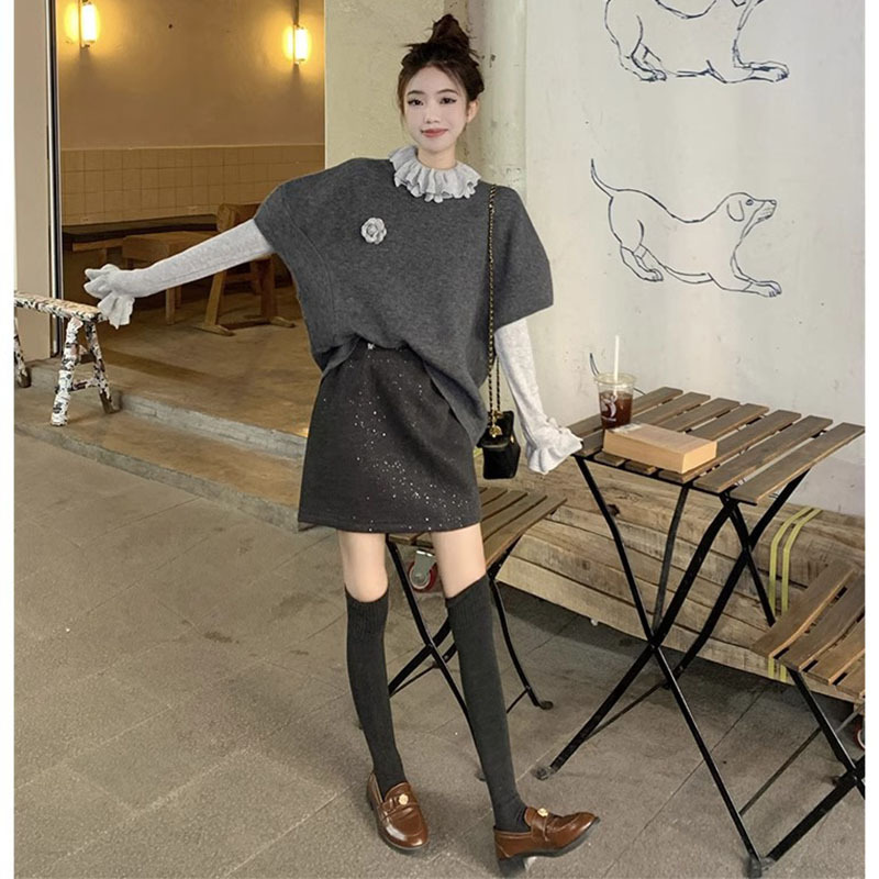 春秋一整套针织灰色马甲毛衣女慵懒风法式木耳边打底衫气质两件套|undefined
